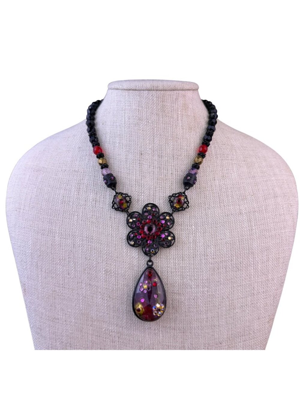 Chicos Womens Black Multi-Material Necklace With Teardrop Pendant & Red Crystals